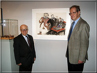 Isaak Linder and Yuri Averbakh in front of the "Russian Big Three" (Emanuel Schiffers, Ivanovich Chigorin and Simon Alapin) from the Cycle "Schach" (1982) by Alfred Hrdlicka