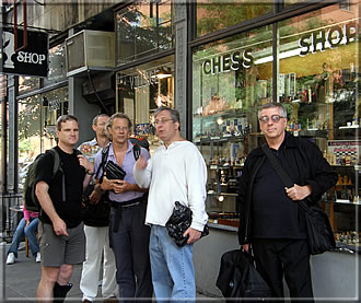 John Donaldson, Claes Løfgren, Jurgen Stigter, Andy Ansel and Kerry Lawless in front of the Chess Shop