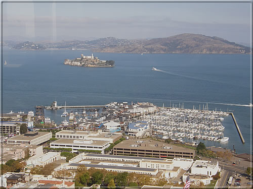 Ebenfalls vom Coit Tower eine herrliche Sicht auf Fisherman's Wharf, den Yachthafen und die berühmte Alcatraz-Insel